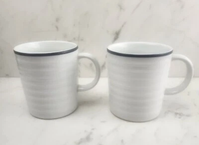 Crate & Barrel ROULETTE White Navy Blue Band Trim Mugs Cup Porcelain-Set 2-EUC - Image 1 of 4