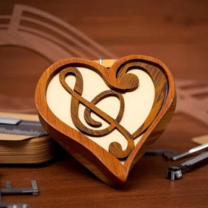 Melodic Heart Intarsia Wooden Puzzle Box - Handcrafted with Secret Compartment - Picture 1 of 4