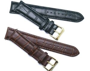 20mm Black or Brown Alligator Grain Leather Unisex Watch Strap W/ Gold Buckle 