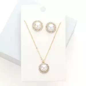 Collar colgante redondo de perlas perforadas de oro y crema conjunto con piedras transparentes - Imagen 1 de 4