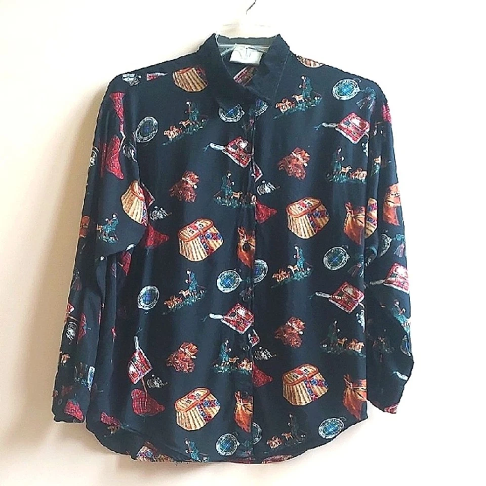 Camisa LS negra vintage Bill Blass "Sporting Life" para dama con cuello de terciopelo talla M Foto 1 de 4