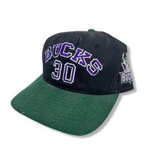 Vintage 90s Milwaukee Bucks #30 NBA Snapback Hat Black Trucker Cap Embroidered - Picture 1 of 8