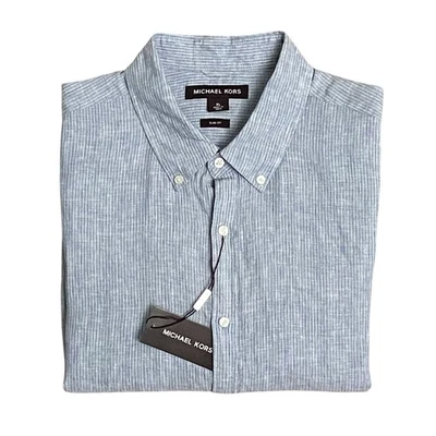 Michael Kors Linen Shirt Men's XL Slim Fit Short Sleeve Blue/White Pinstripe NEW - Image 1 of 4