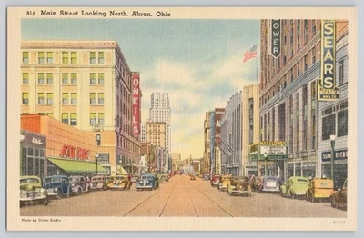 Postal de lino vintage de Main Street Akron Ohio por Tichnor Bros. Foto 1 de 2