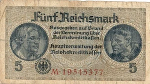 Genuine 5 Reichsmark 1939-1945 nazi banknote WW II ok con swastika 8 no  !!! - Picture 1 of 2