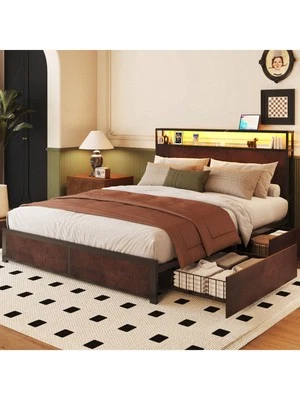 Cabecero con marco de cama de plataforma con estación de carga y cajón de almacenamiento soporte de metal Foto 1 de 4