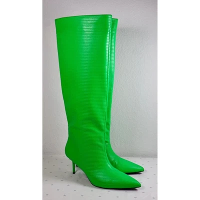 ZARA Green Lizard Embossed Pointed Toe Knee High Stiletto Boots Bright 8.5 EU39 - Image 1 of 4