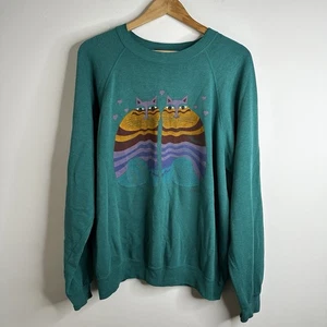 Sudadera Suéter Vintage Laurel Burch Gato Ligero Azul Teal Verde Talla XL - Imagen 1 de 13