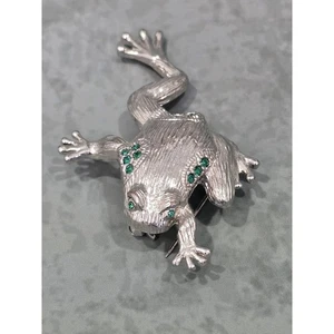 Spilla spilla rana vintage - tono argento con pietre verdi scintillanti - Foto 1 di 3