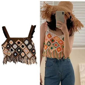 Hollow Knit Crop Top Women Crochet Colorful Geometric Ruffle Strap Camisole Vest - Picture 1 of 10