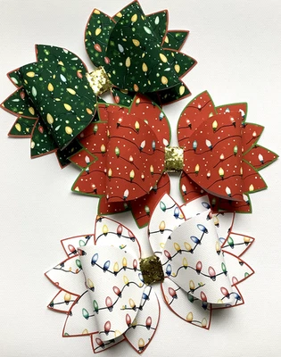 CHRISTMAS LIGHTS  5" PRINTED CANVAS FABRIC BOW TEMP TO MAKE YOUR OWN HAIR BOWS - Image 1 of 4
