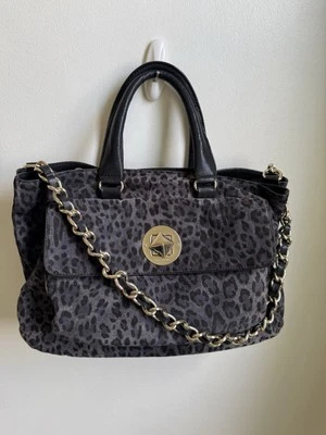 Bolso Cartera Vintage KS Diseñador Estampado Leopardo Gris Oscuro Gamuza Triple Compartimento Foto 1 de 4