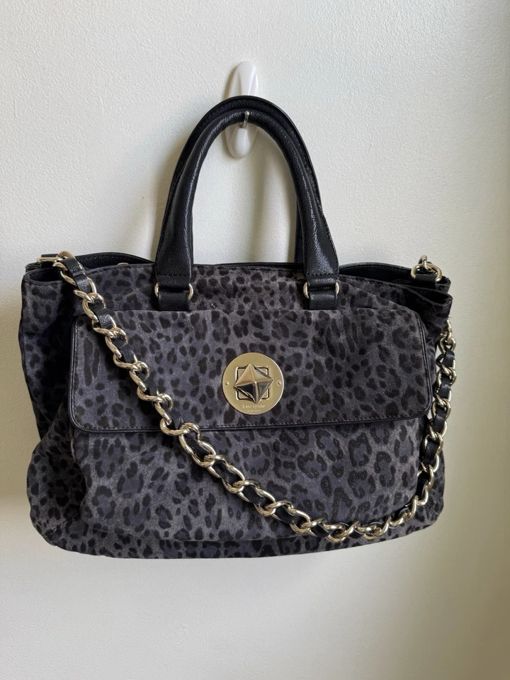 Bolso Cartera Vintage KS Diseñador Estampado Leopardo Gris Oscuro Gamuza Triple Compartimento Foto 1 de 4