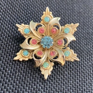 VTG Coro Petite Brooch Gold Tone Faux Turquoise Pink Rhinestone Starburst Pin - Picture 1 of 6