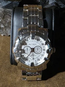 Paul Jardin Quartz 48mm Watch Silver Tone White Dial Chrono Working New Battery - Picture 1 of 13