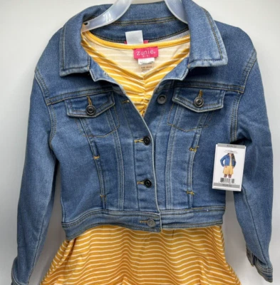 女童 XS(4/5) Zunie 2 件套黄色条纹背心裙和牛仔夹克 — 第 1/4 张图片
