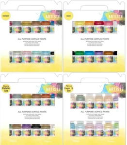 Docrafts Artiste Acrylic Paint 12 Set Basic, Pastel, Fantasy or Metallic Colours - Picture 1 of 9
