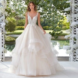 Vestido de boda para mujer A Line princesa tul sin mangas de encaje cuello en V espalda sin espalda - Imagen 1 de 5