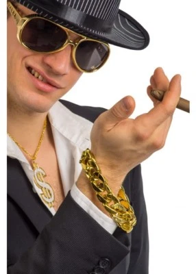 THE RUBBER PLANTATION TM GOLD GANGSTER BRACELET Pimp Rapper DEL BOY Fancy Dress Costume Chain Bling UK