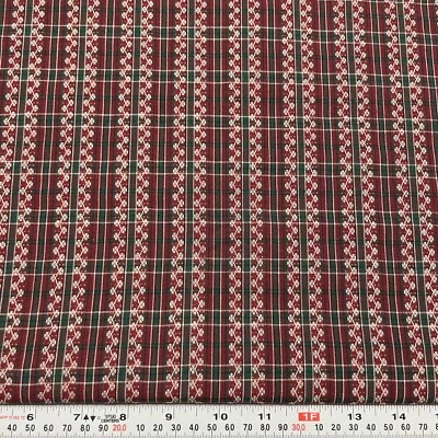 Vintage Cotton Homespun Burgundy and Green Cotton Fabric Remnant 9" x 45" - Image 1 of 3