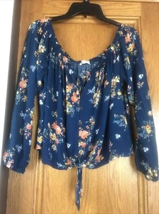 Rewind Juniors Navy Floral Long Sleeve Blouse Size XL - Picture 1 of 6