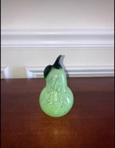 Apple Green Speckled Blown Glass Pear with Dark Green Stem Hard Punt Mark Vtg - Picture 1 of 5
