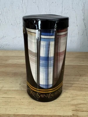 (3) YVES SAINT LAURENT Men’s Fine Cotton Handkerchief Vintage Plaid New - Image 1 of 3