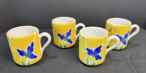 Set of 4 Coffee Mugs St Tropez Dansk Hand Painted Portugal Yellow Blue Flowers - Picture 1 of 3