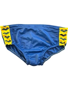 Vintage Arena Mens Swim Brief 32 Lining Bikini Blue Yellow Speedo Drawstring 70s - Picture 1 of 13