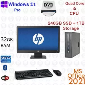 Window 11 HP i5 3.2 ghz 32GB RAM 240G SSD + 1TB 22" LCD WiFi Desktop Computer PC - Picture 1 of 3