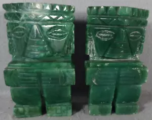 2 Carved Stone Green Marble Aztec Mayan Tiki Statue Pair Bookends Onyx Vintage - Picture 1 of 8