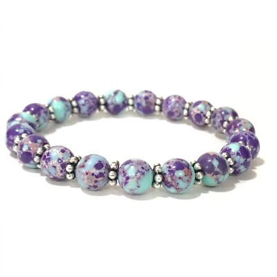 Natural Purple Copper Turquoise Gemstone Round Bead Chakra Stretch Bracelet 7.5" - Image 1 of 4