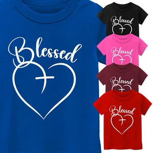 Blesseds Heart Cross Kids T-Shirt Religious Faith Bible Christianity USA Gift - Picture 1 of 12