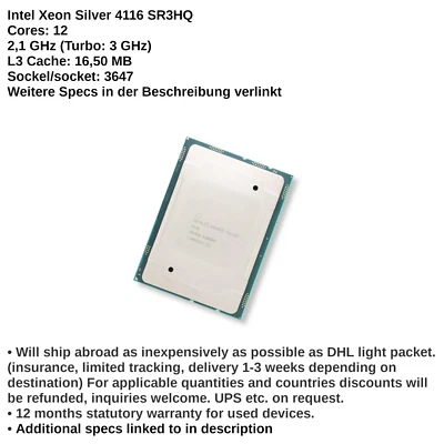 Intel Xeon Silver 4116 12x 2,10 GHz (Turbo: 3 GHz) LGA 3647 SR3HQ Prozessor CPU - Image 1 of 4