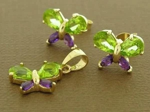 Juego de aretes y colgantes de oro genuino de 9 quilates de peridoto natural, mariposa amatista - Imagen 1 de 3
