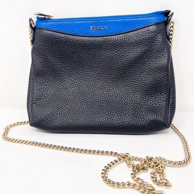 Furla Bag Shoulder Clutch Purse Black Blue Gold zip removable gold tone strap - Image 1 of 4