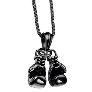 Black Double Boxing Glove Necklace Stainless Steel Pendant - Picture 1 of 2