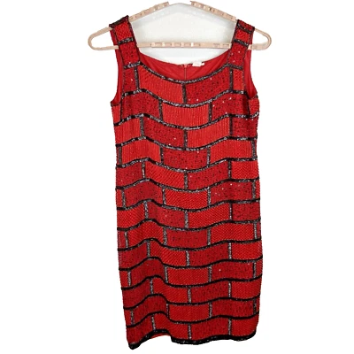 Old Money Bold Sequin Silk Red Black Beaded Geometric Gatsby Retro Dress VTG  2X - Image 1 of 4