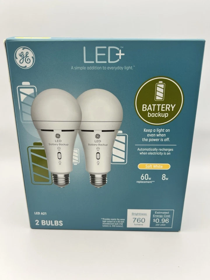 Lot of 2 GE LED Battery Backup~ SOFT WHITE~Emergency Bulb 60W A21 760 Lumens~NIB - Image 1 of 4