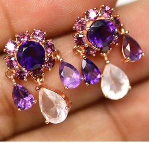 925Silber OHRRINGE Edelsteine Echt Amethyst 14k Vergoldung - Bild 1 von 4