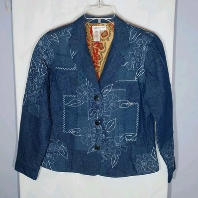 Chaqueta Denim Coldwater Creek M Patchwork Floral Bordado Paisley Boho Chic Foto 1 de 4
