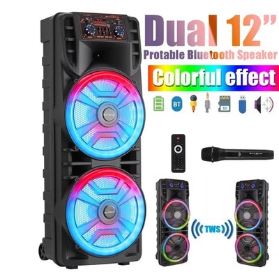 Dual 12" Bluetooth Speaker Karaoke Portable Heavy Bass Stereo Sound System MIC - Image 1 of 4