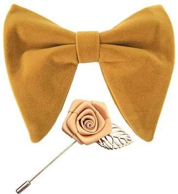  Mens Pre-Tied Oversized Velvet Bow Tie with Flower Lapel Pin Dark Yellow - Imagem 1 de 4