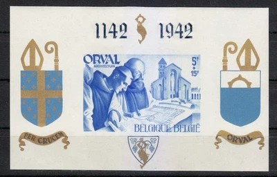 Bélgica 1937 MNH Bloque V.I. Tipo 1 en azul imperforado Orval Abbey. Firmado ** - Imagen 1 de 2