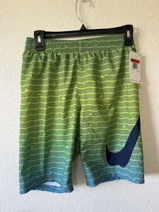 NIKE Green/Midnight Navy SHARK STRIPE BREAKER 8" VOLLEY SWIM SHORTS BOYS L LARGE - Picture 1 of 3