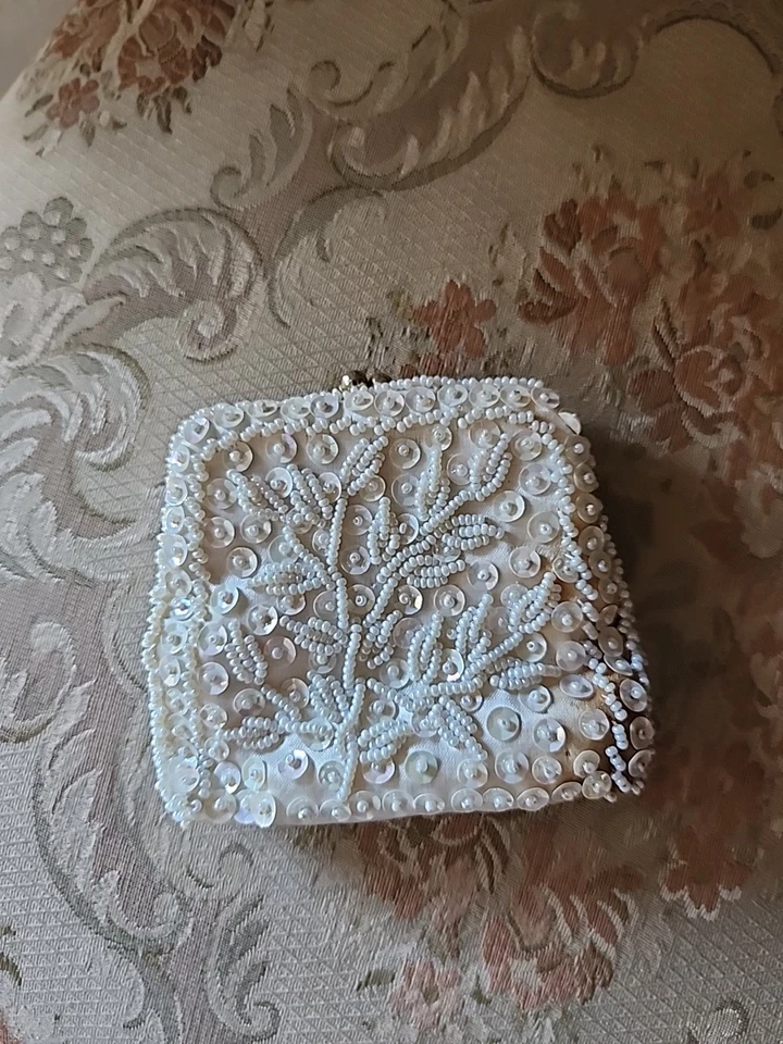 Tiny Vintage Clutch Coin Purse Aurora Borealis Sequins MCM Satin 1940s 1950s  - Image 1 of 4