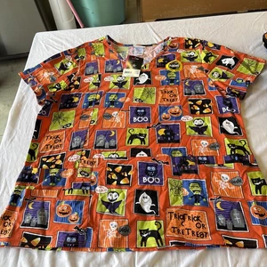 ScrubStar scrub top womens XL Halloween Frankenstein Cats Ghosts Spiders Boo - Picture 1 of 4