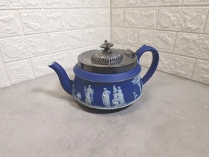 Antique Wedgwood Jasperware Metal Rim Teapot Blue Embossed  - Picture 1 of 10