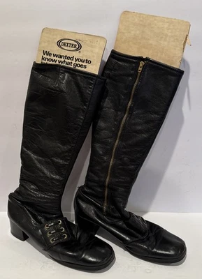 Dexter Boots Oxblood Black Heeled Leather Zip Up Boho 1970’s Size 6.5 Vintage - Image 1 of 4