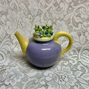 Antique, Rare, Heavy Ceramic Purple Teapot with Floral Lid 6in x 7.5iin - Picture 1 of 8